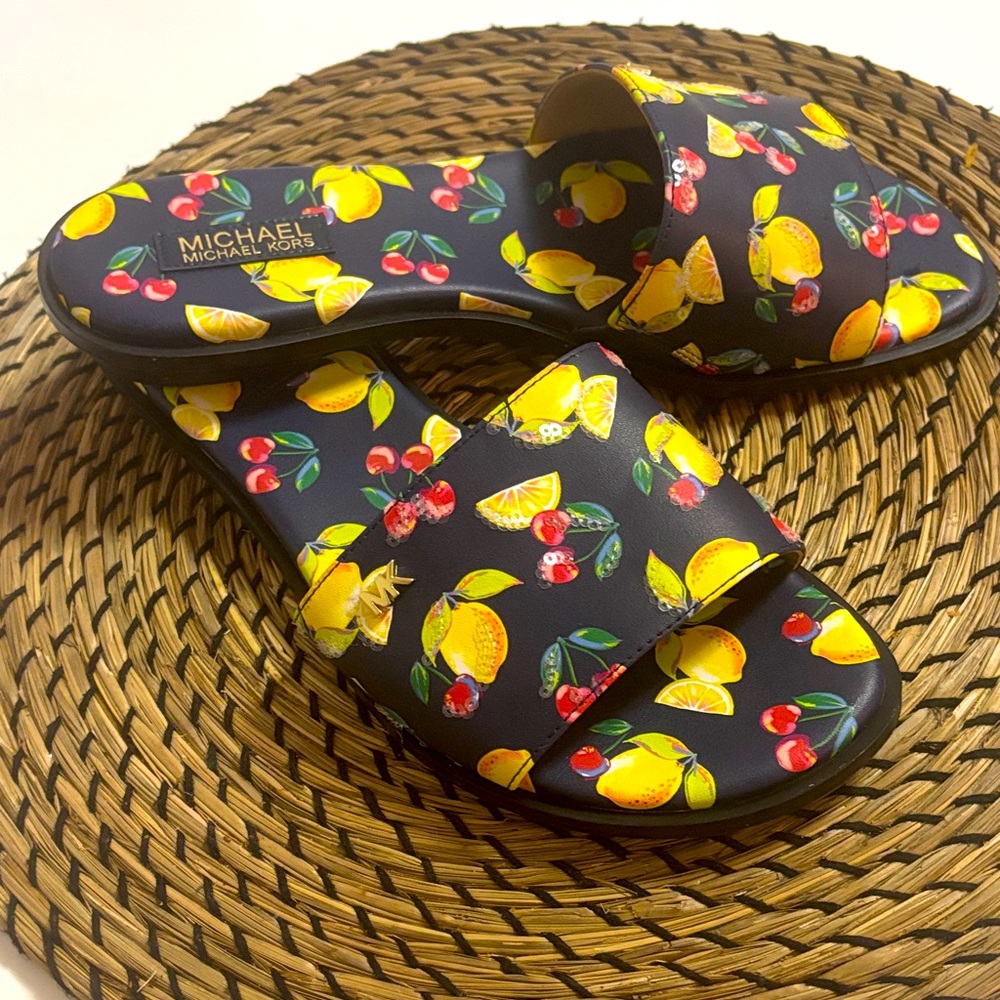 Michael Kors Black Slides with Lemon and Cherry Print